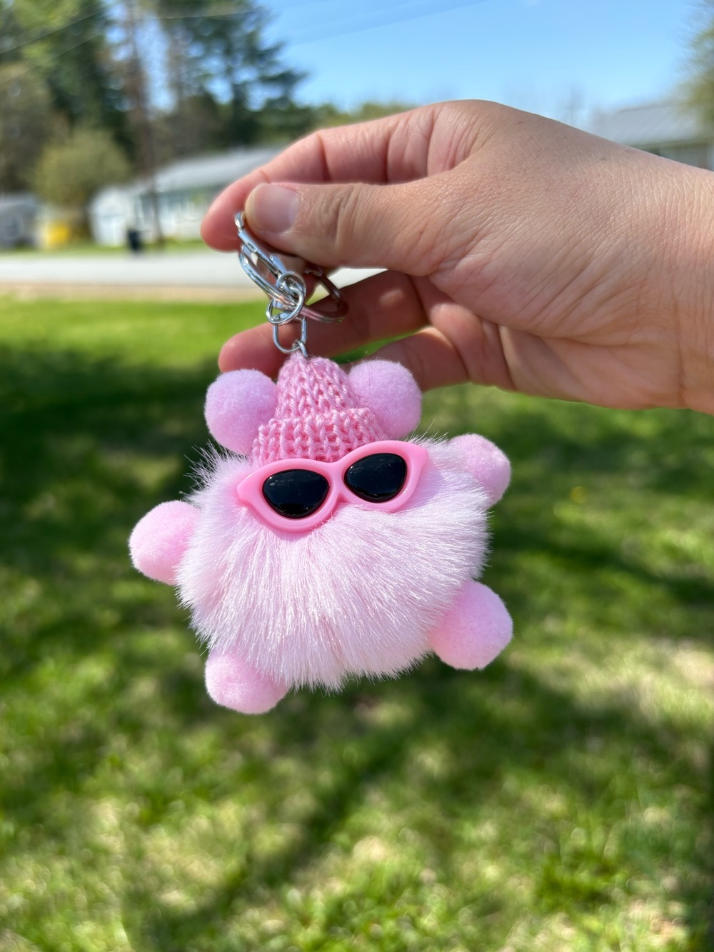 Cute Pink Fuzzy Pom Pom Keychain Bag Charm , Kawaii Plush Keyring Gift